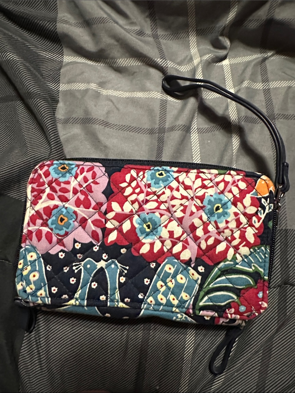 Vera Bradley Navy Quilted Floral Wristlet with Birds - Picture 2 of 4
